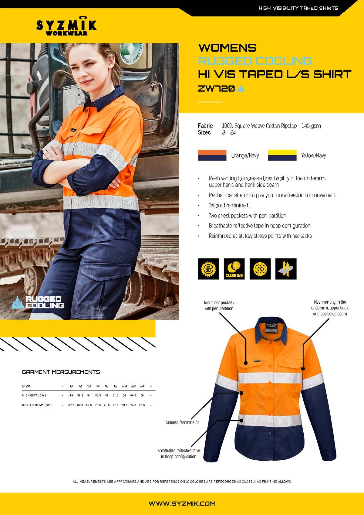 ZW720* Syzmik Womens Rugged Cooling Taped Hi Vis Spliced Work Shirt